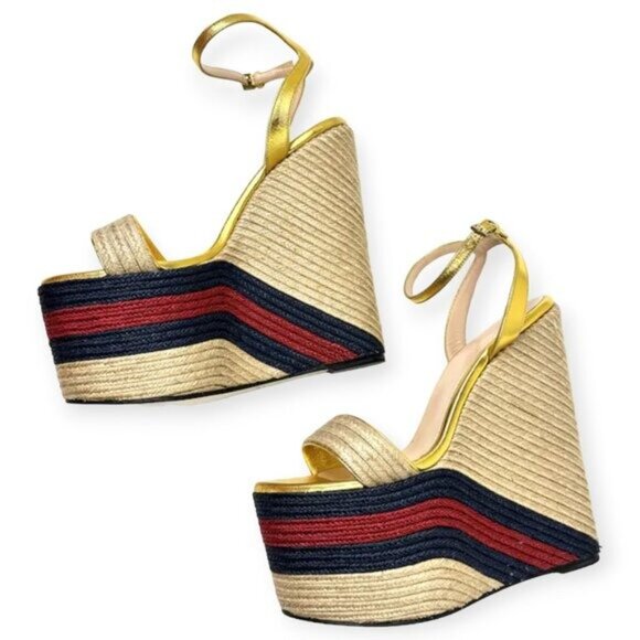 Gucci Gold Metallic Leather Jute Platform Espadrille Sandals - Picture 3 of 5